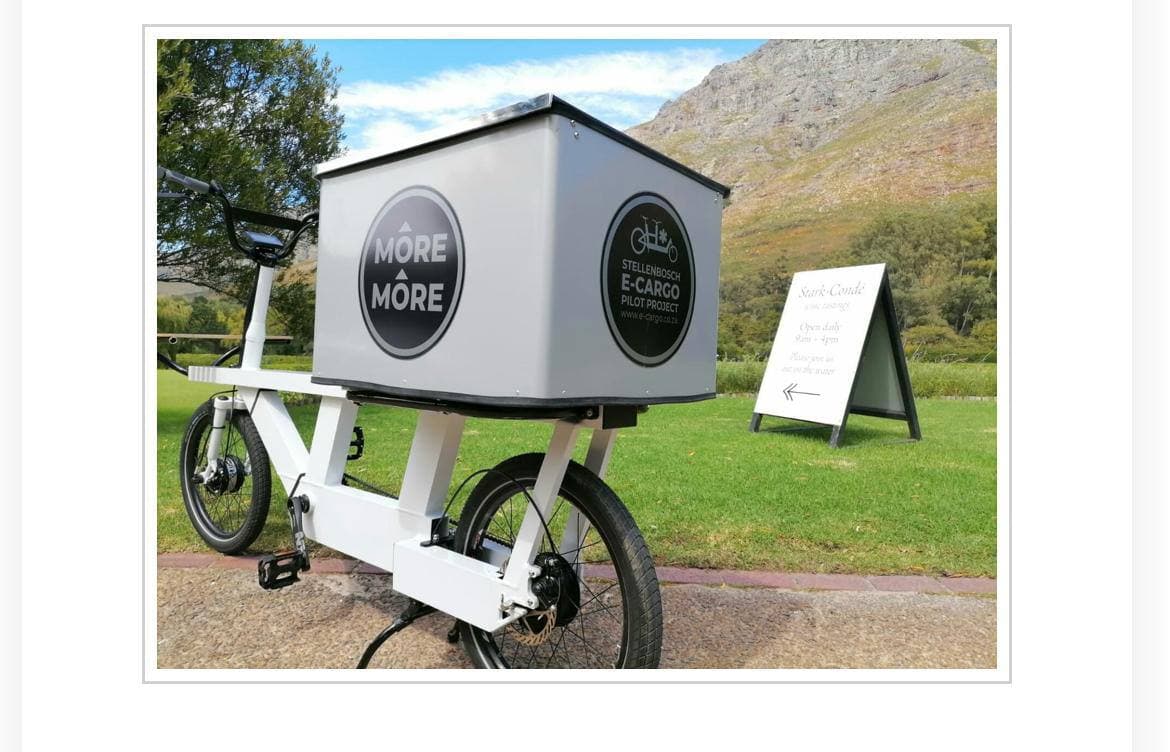 A Hendrikse electric cargo bike, photographed up close in Stellenbosch
